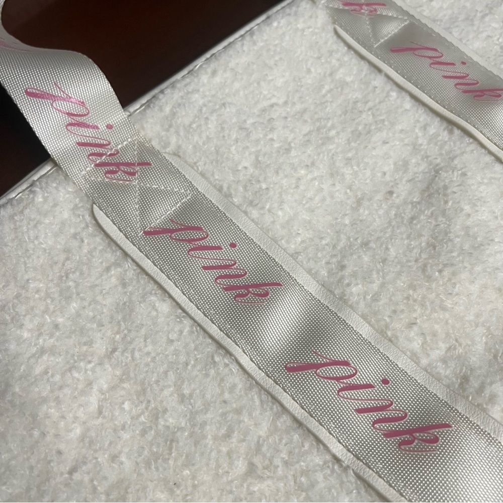 NWT PINK Victoria's Secret Sherpa Cream Tote Ribbon Straps Large Logo Cozy - Picture 12 of 12
